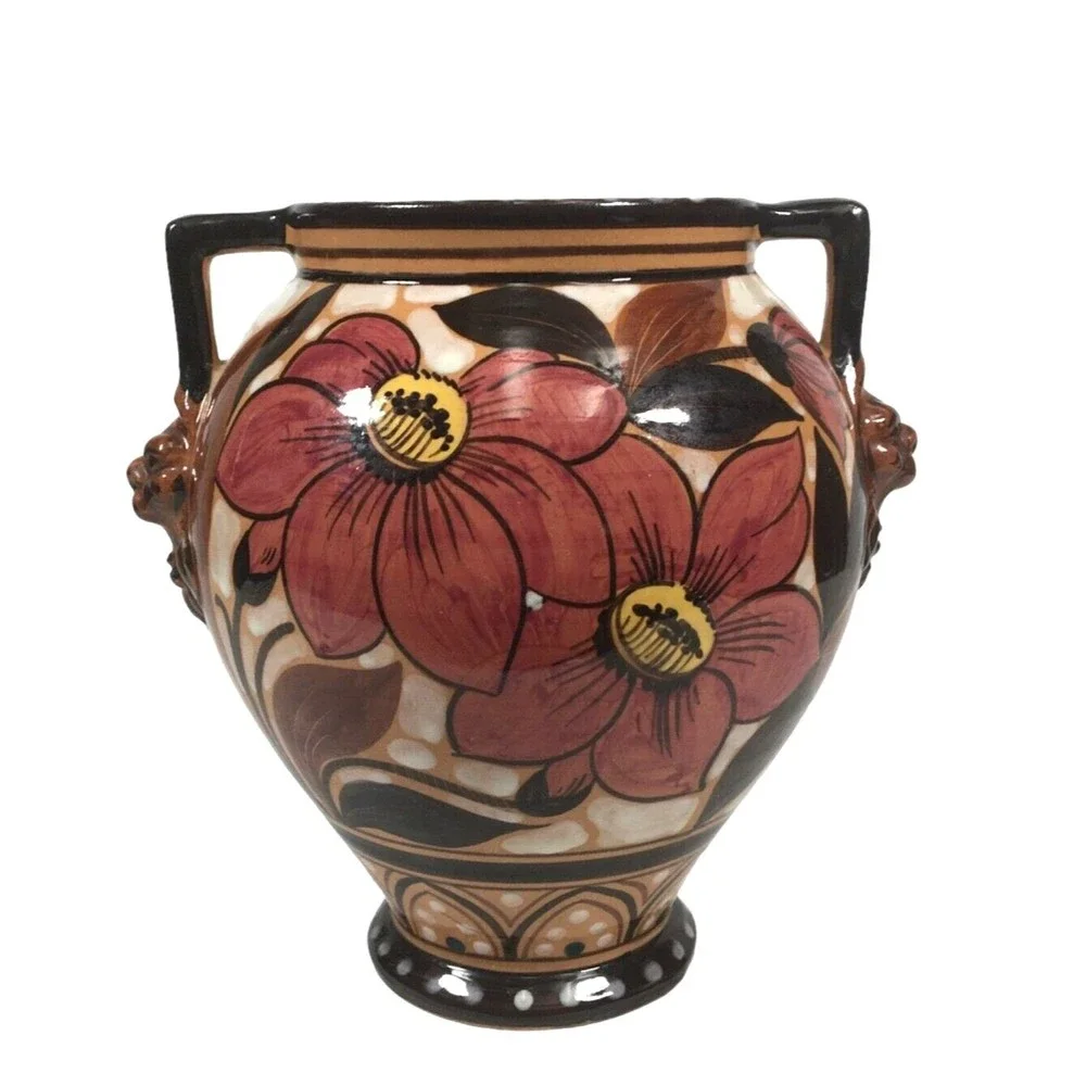 Lion Head Italian Vase Ceramic Glazed Double Handle Floral 7.5” Italy Signed